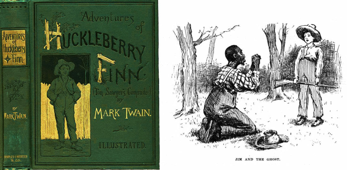 หนังสือ ‘การผจญภัยของฮัคเกิลเบอร์รี ฟินน์’ (The Adventures of Huckleberry Finn) และ ตัวอย่างภาพประกอบที่มีปัญหา วาดโดย E.W.Kemble ในหนังสือฉบับตีพิมพ์ปี 1884